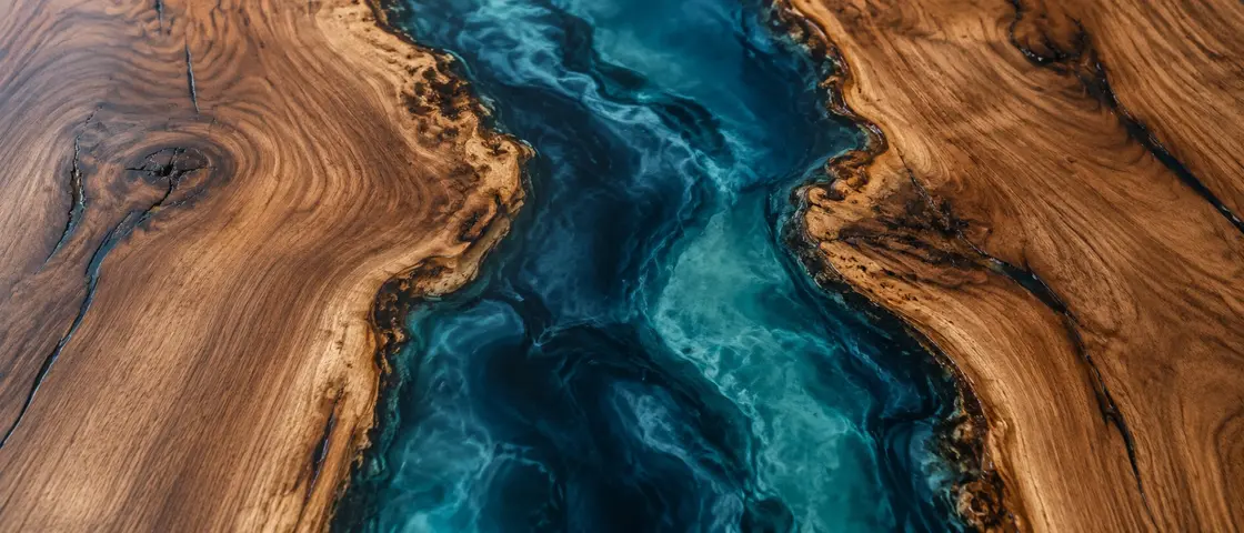 Blue resin river between two live-edge wood slabs.