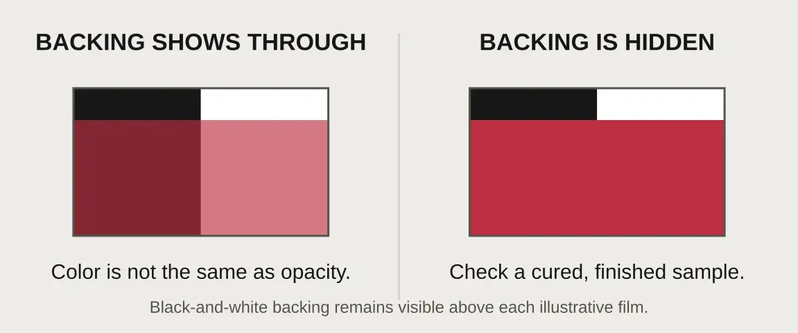 Two illustrative red films over black-and-white backing: one lets the backing show through, while the opaque sample hides it.