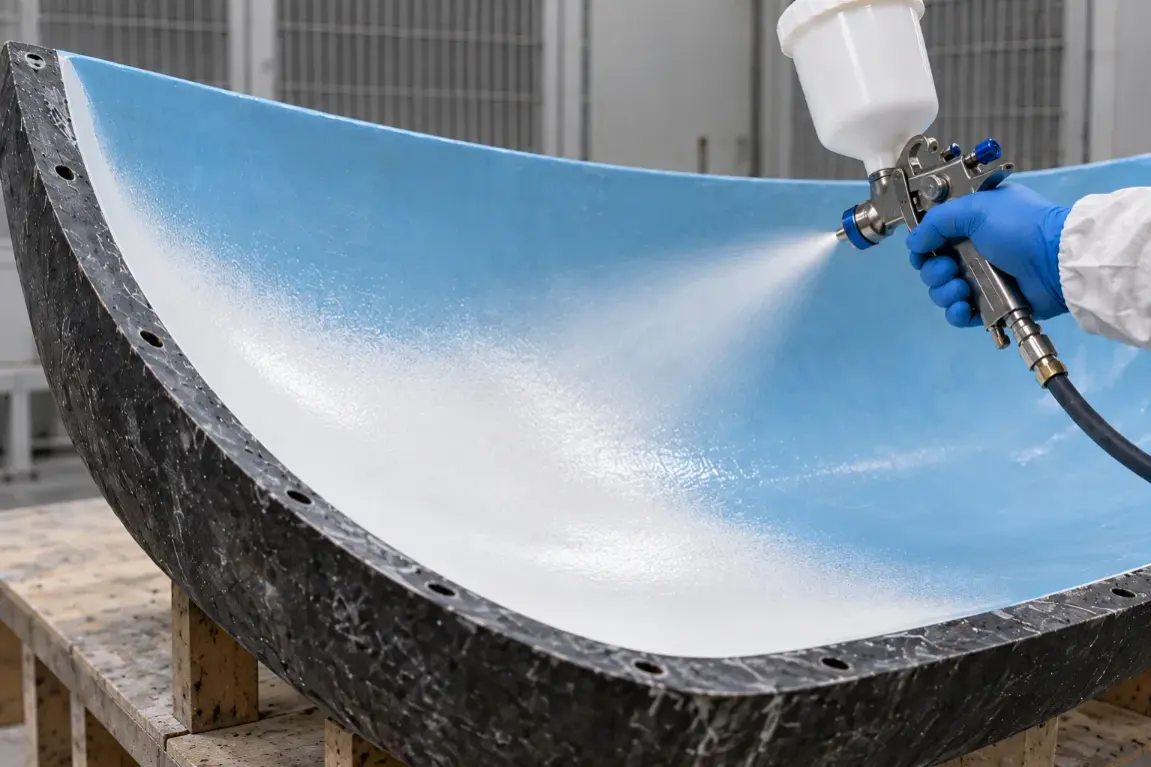 White gelcoat being sprayed onto the inside of a blue mold.