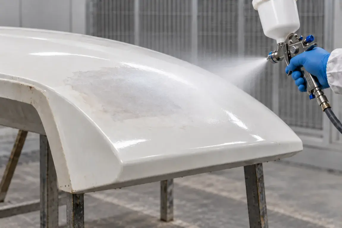 Gelcoat being sprayed onto a repaired fiberglass surface.