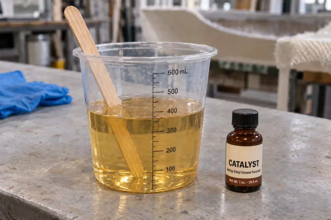 Graduated resin cup, mixing stick and catalyst container on a workbench.