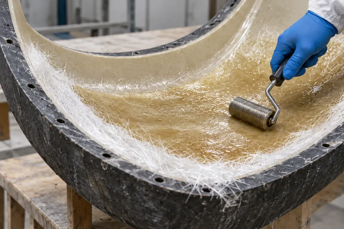 Consolidation roller on resin-wetted fiber inside a curved mold.