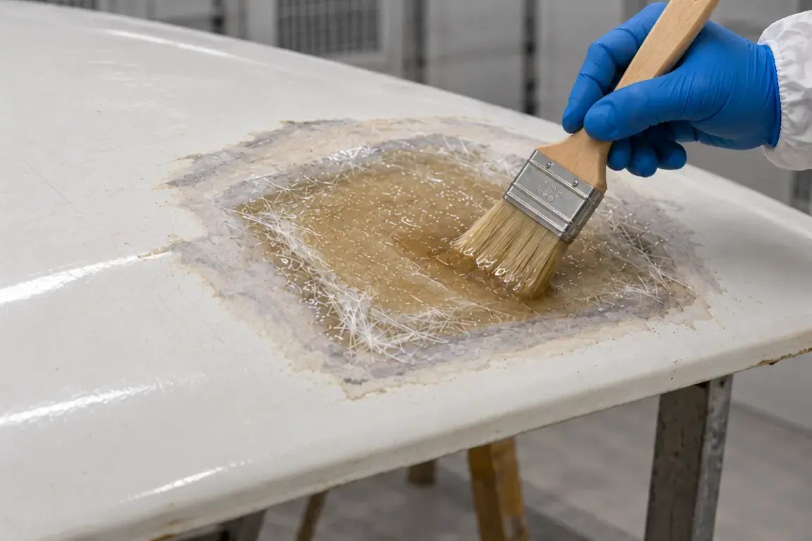 A gloved hand brushes resin onto fiberglass reinforcement in a repair.